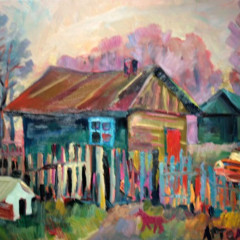 Старый сарай и оранжевый Запорожец (Old Barn and orange Cossack) - картина маслом на холсте, живопись, пейзаж, художник Евгений Артемьев, earta.ru