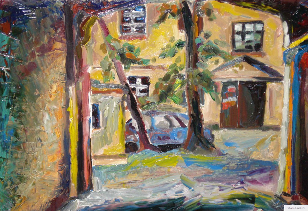 Во дворе этюд (Yard sketch) - картина маслом на холсте/пенокартоне, живопись, пейзаж, художник Евгений Артемьев, earta.ru