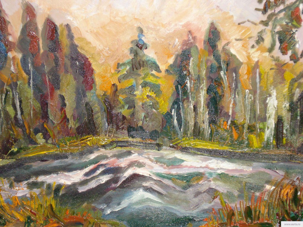 Карелия, река Шуя (Karelia) - картина маслом на оргалите, живопись, пейзаж, горная река, художник Евгений Артемьев, earta.ru