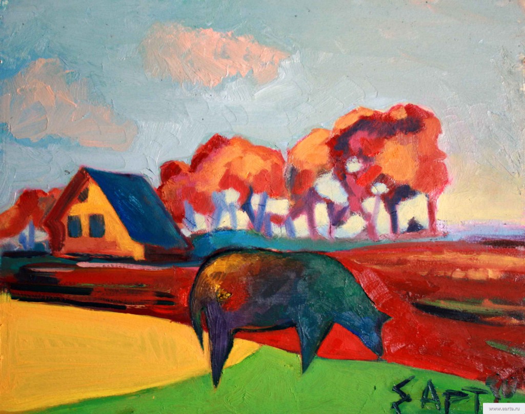 Корова с мухой (A cow with a fly) - картина маслом на холсте, живопись, пейзаж, художник Евгений Артемьев, earta.ru