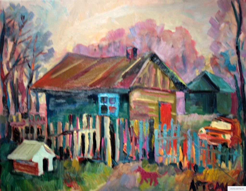 Старый сарай и оранжевый Запорожец (Old Barn and orange Cossack) - картина маслом на холсте, живопись, пейзаж, художник Евгений Артемьев, earta.ru