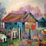 Старый сарай и оранжевый Запорожец (Old Barn and orange Cossack) - картина маслом на холсте, живопись, пейзаж, художник Евгений Артемьев, earta.ru