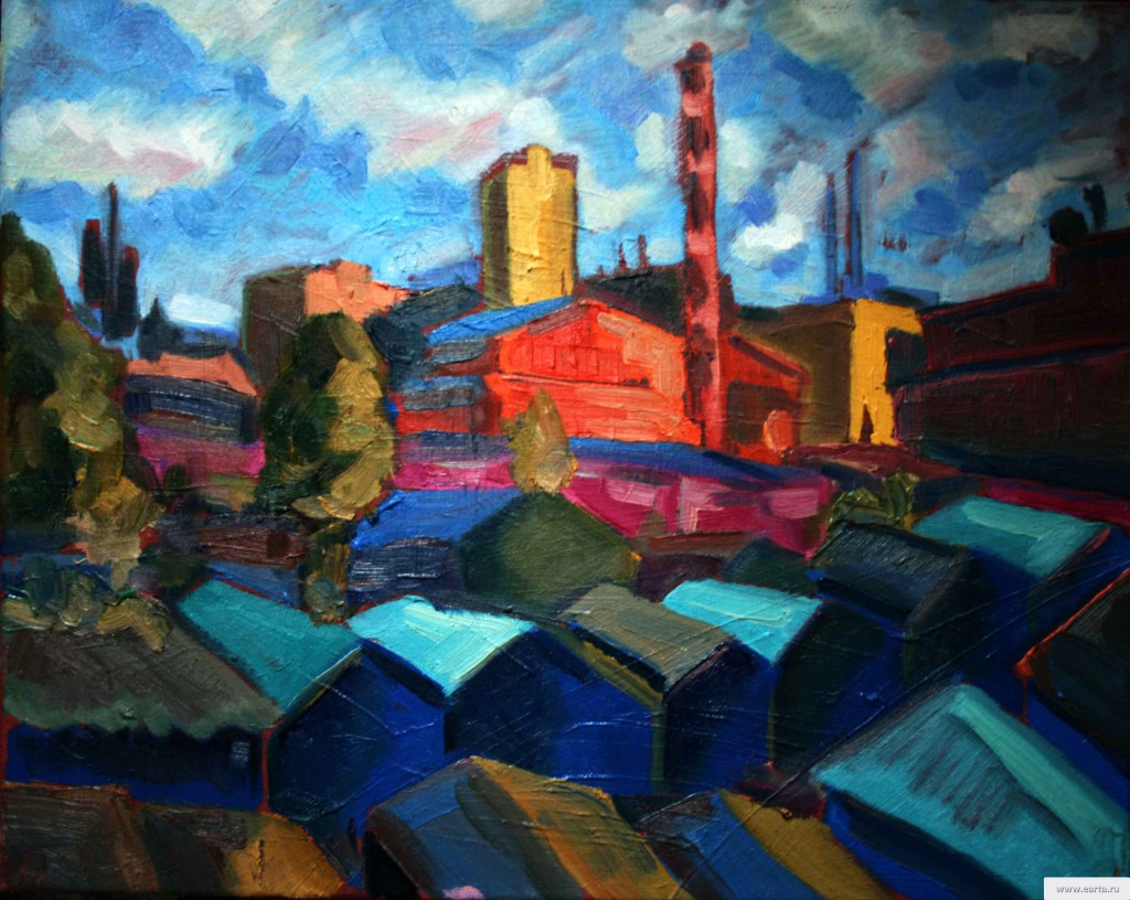 Гаражный Электросталь (Steel) - картина маслом на холсте, живопись, городской пейзаж, художник Евгений Артемьев, earta.ru